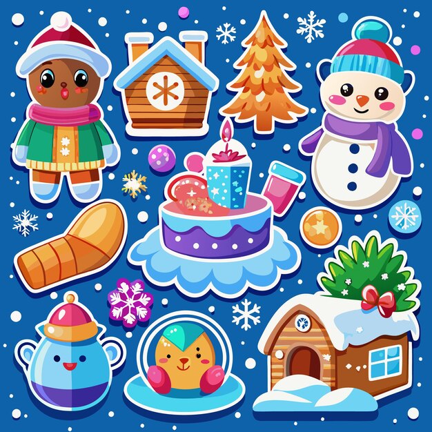 Bonitas pegatinas de invierno con hombre de nieve, oso y casas