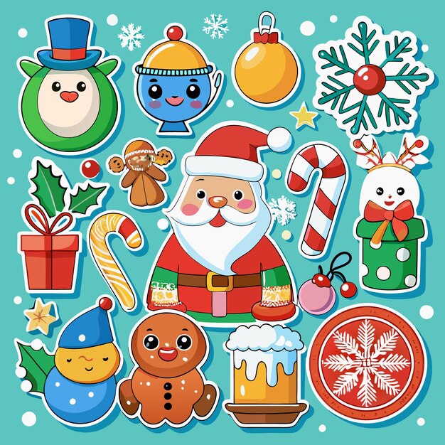 Bonitas pegatinas de Navidad de dibujos animados con Papá Noel, muñeco de nieve, pan de jengibre, regalos para el hombre, bastones de caramelo y más.