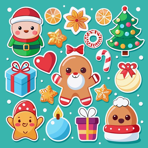 Bonitas pegatinas navideñas con adornos de hombre-elfo de pan de jengibre y regalos en un fondo turquesa