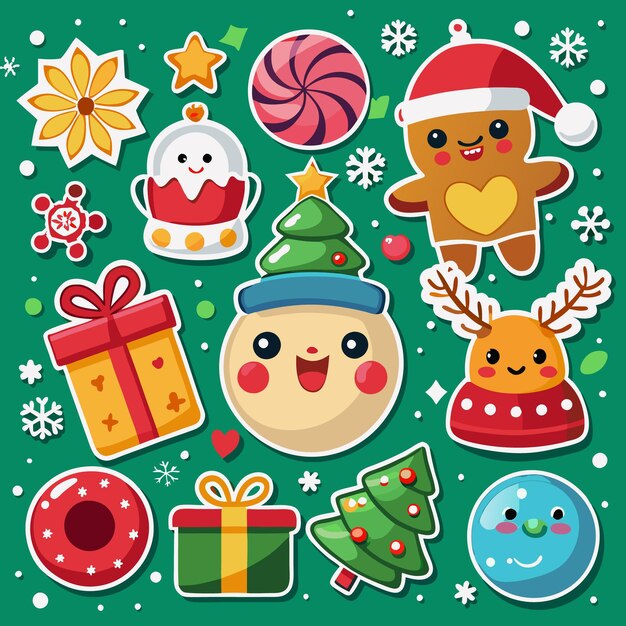 Bonitas pegatinas navideñas con adornos, regalos y renos
