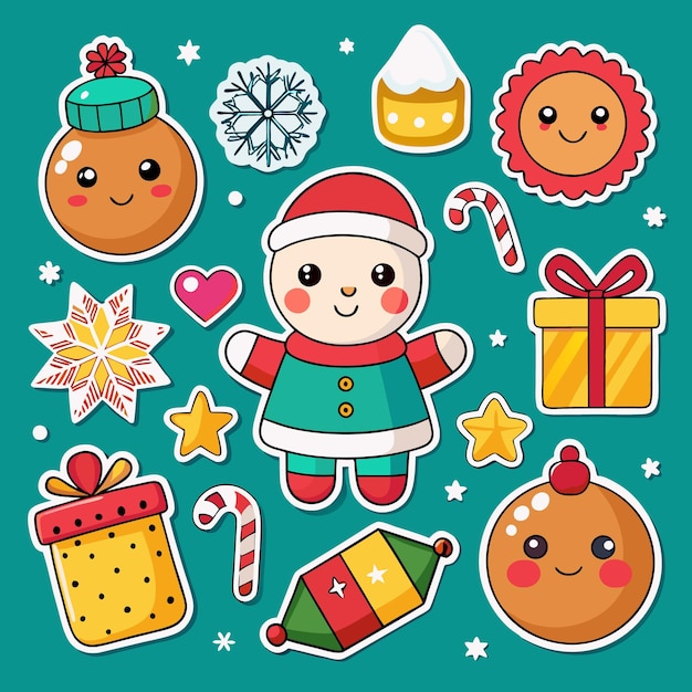 Bonitas pegatinas navideñas con estrellas y regalos de pan de jengibre de Papá Noel