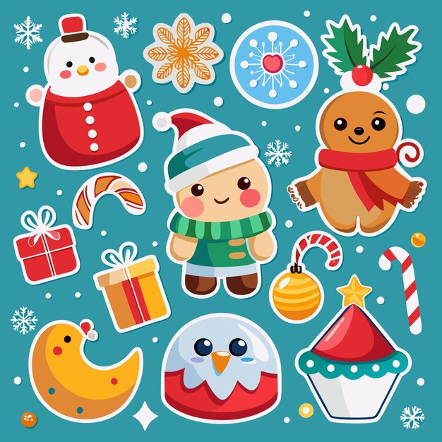 Bonitas pegatinas navideñas con Hombre de Nieve, Hombre de Pan de Jengibre, Caña de Caramelo y Regalos