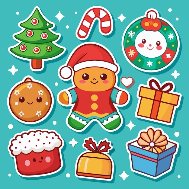 Bonitas pegatinas navideñas con hombre de nieve pan de jengibre hombre de caramelo y regalos