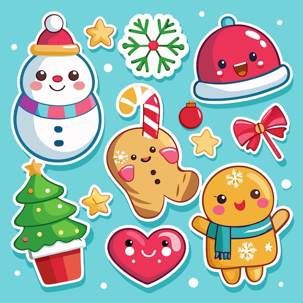 Bonitas pegatinas navideñas con hombre de nieve pan de jengibre hombres árbol de Navidad corazón copo de nieve y estrellas en fondo azul