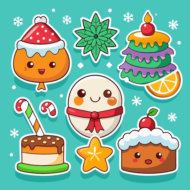 Bonitas pegatinas navideñas con hombre de nieve, pastel de naranja, caramelo, estrella de caña y árbol de Navidad.