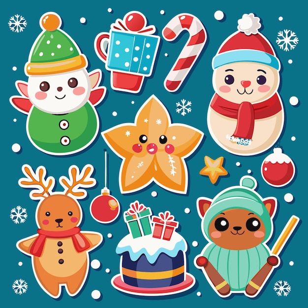Bonitas pegatinas navideñas con el hombre de nieve, el reno y el pan de jengibre.