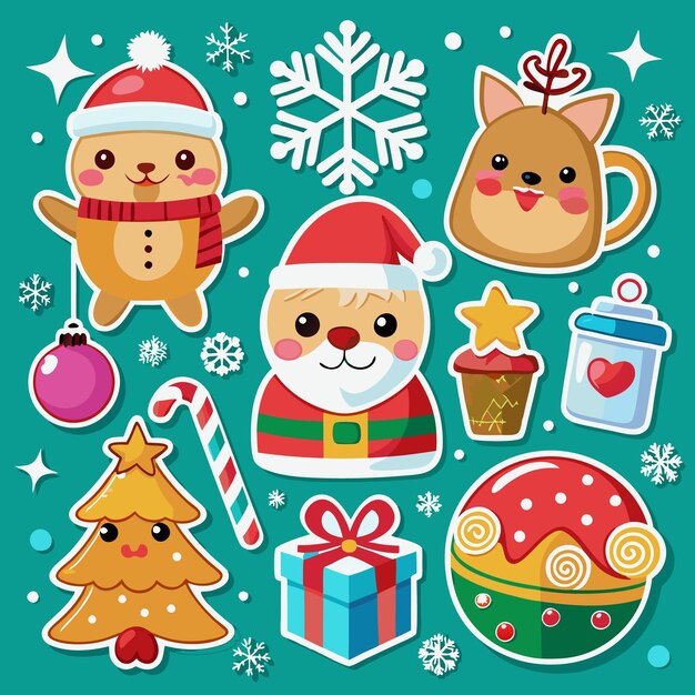 Bonitas pegatinas navideñas con el hombre de nieve de los renos de Santa, el árbol de Navidad y los adornos
