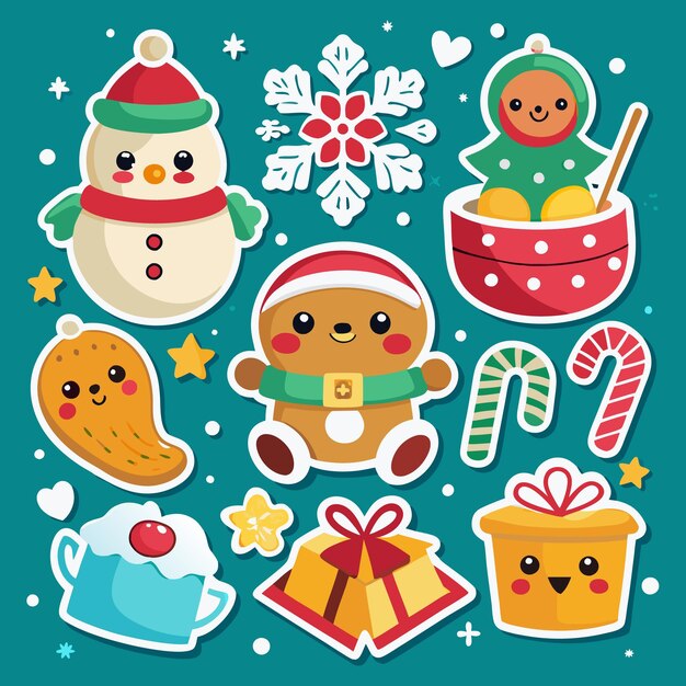 Bonitas pegatinas navideñas con muñeco de nieve, pan de jengibre, hombre de caramelo, caña de regalo y otros elementos festivos