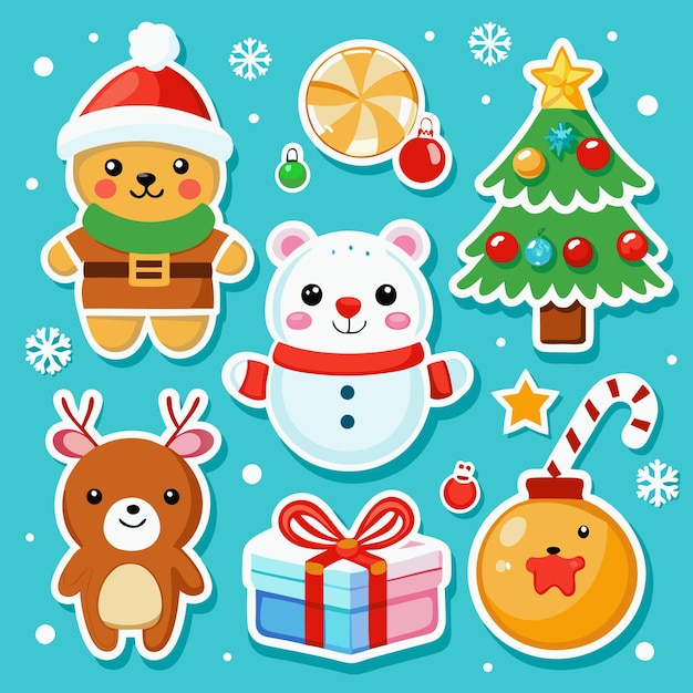 Bonitas pegatinas navideñas con muñeco de nieve, renos y adornos