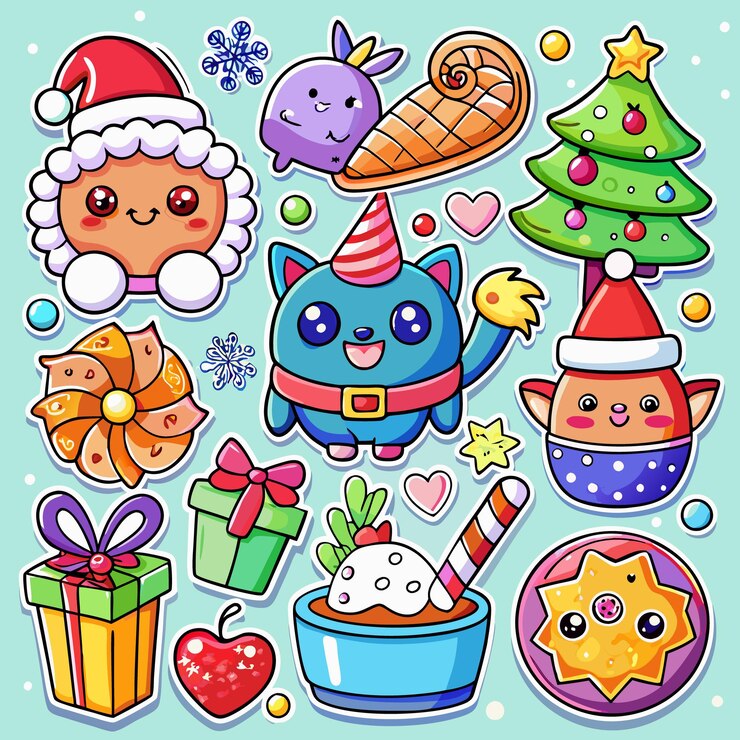 Vector bonitas pegatinas navideñas con personajes y regalos festivos