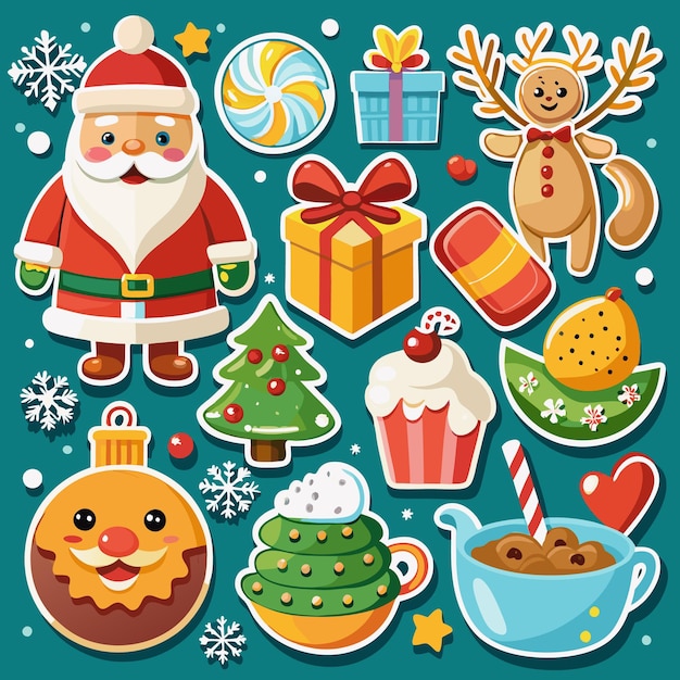 Bonitas pegatinas navideñas con regalos de renos de Santa Ornamentos de caramelo caña taza de chocolate caliente y un árbol festivo