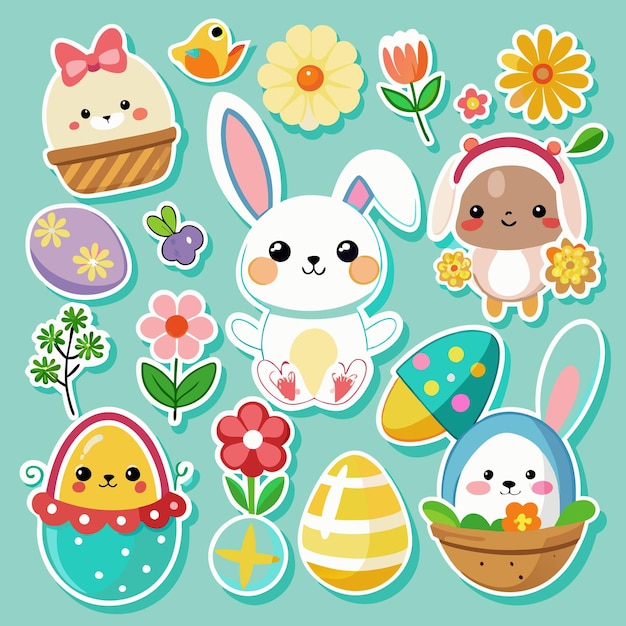 Bonitas pegatinas de Pascua con conejitos flores huevos y un pájaro