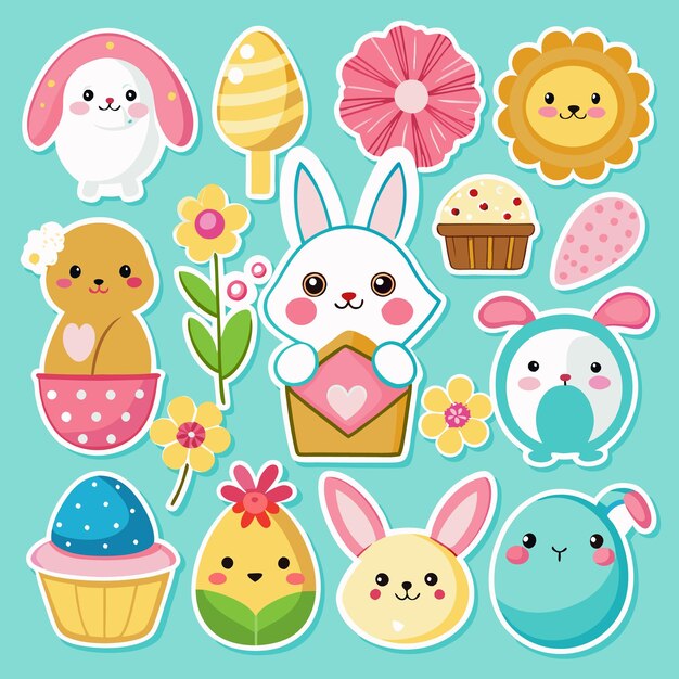 Bonitas pegatinas de Pascua con conejitos y flores