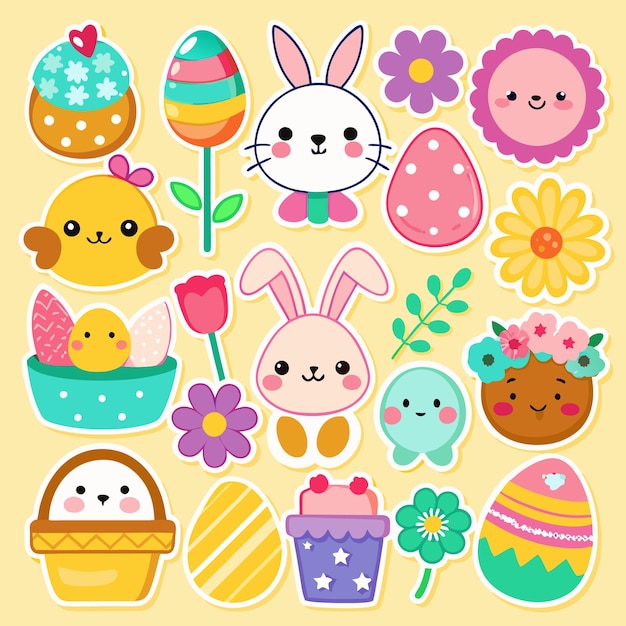 Bonitas pegatinas de Pascua con conejitos huevos flores y pasteles