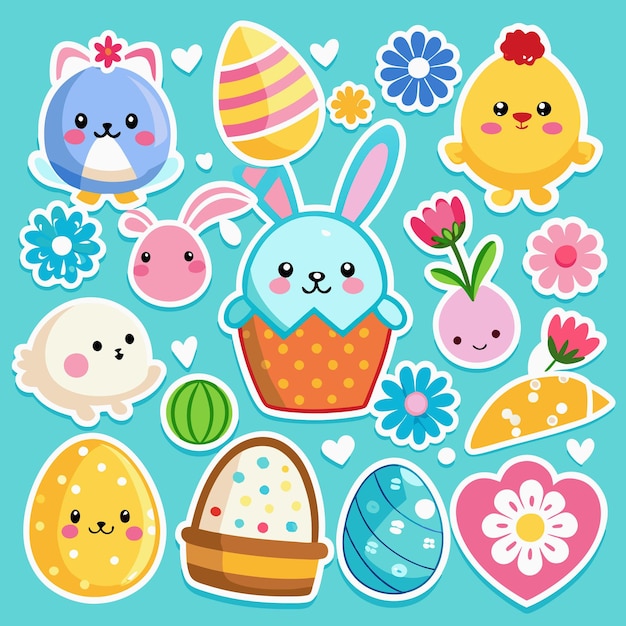 Bonitas pegatinas de Pascua con conejitos huevos pollos y flores
