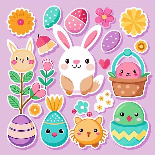 Bonitas pegatinas de Pascua con flores de conejo huevos y animales