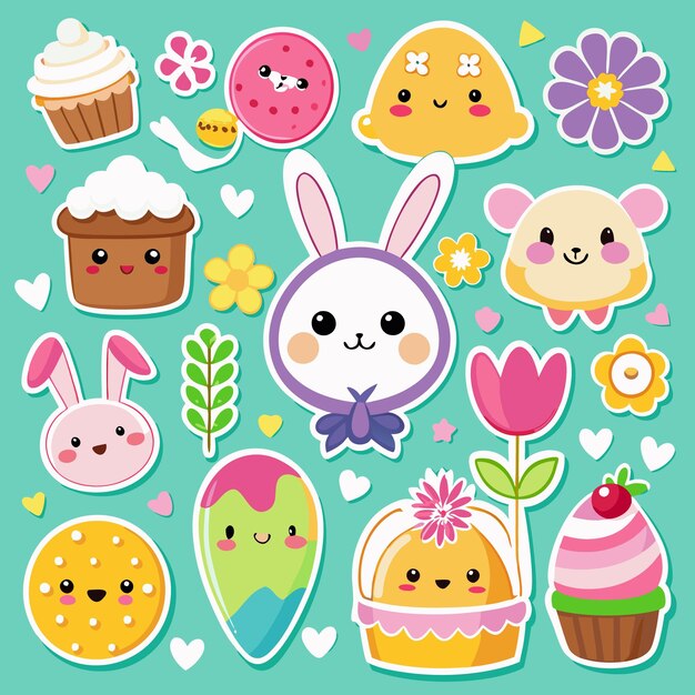 Bonitas pegatinas de Pascua con flores de conejo huevos pasteles