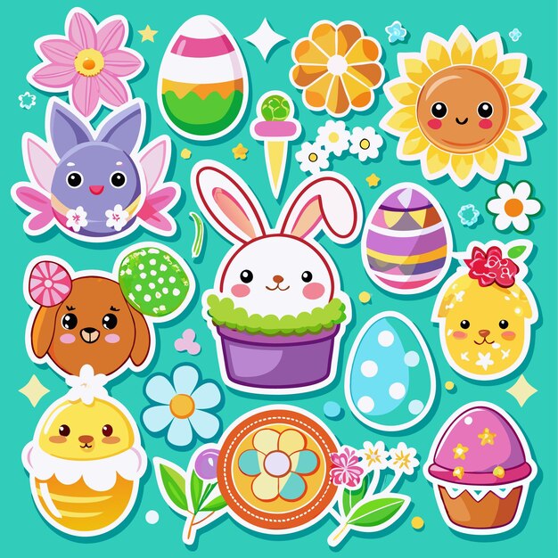 Bonitas pegatinas de Pascua con flores de conejo, pollo, huevo y pastel en un fondo verde