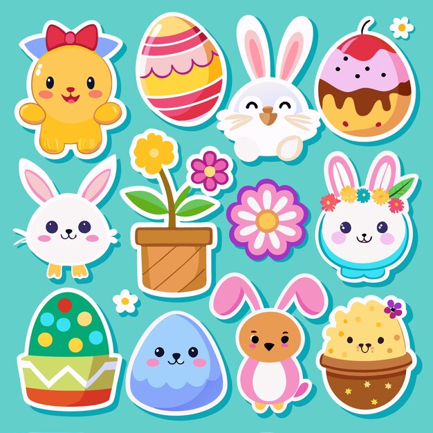 Bonitas pegatinas de Pascua con huevos de conejo y flores