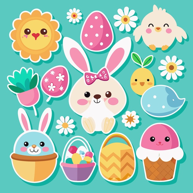 Bonitas pegatinas de Pascua con huevos de conejo y flores