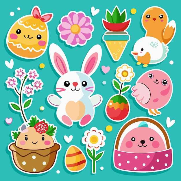 Bonitas pegatinas de Pascua con huevos de conejo, pollos, flores y canasta.