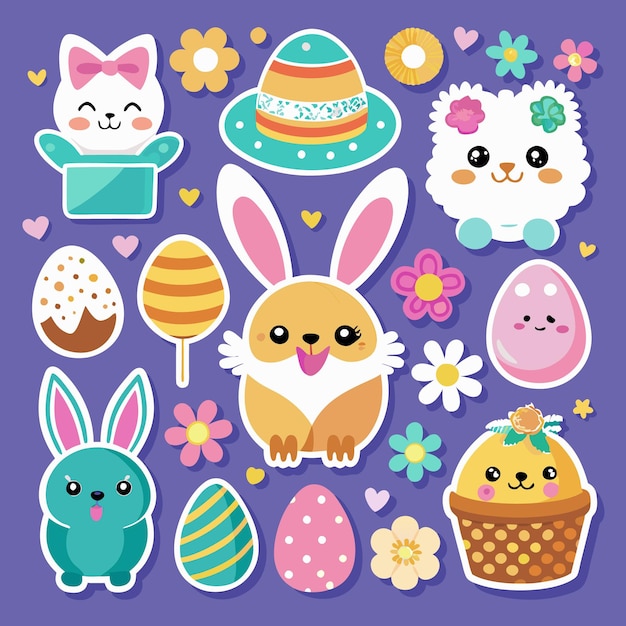 Bonitas pegatinas de Pascua con personajes de conejo, gatito y huevo
