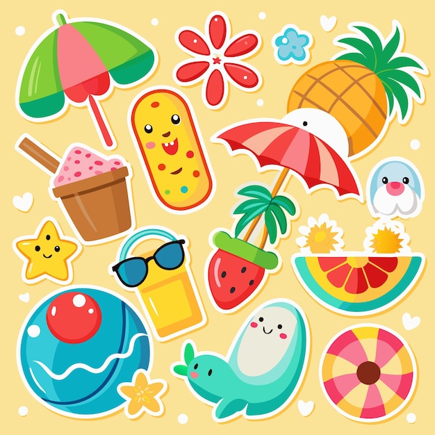 Bonitas pegatinas de verano, diversión en la playa con sandía de piña y más