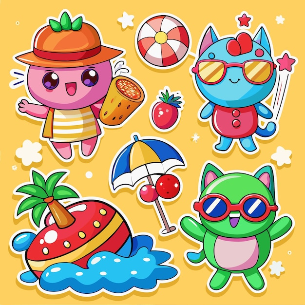 Bonitas pegatinas de verano con gatos y diversión en la playa