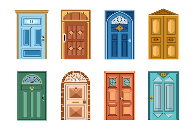 Bonitas puertas delanteras fuera de las entradas de la casa elementos de fachada de la casa vintage exterior hermosas puertas diferentes diseños conjunto de vectores