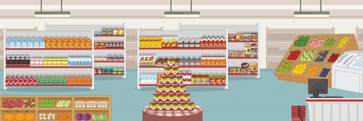 Vector bonito y agradable diseño de tienda de comestibles con muebles y diseño de vectores de objetos interiores