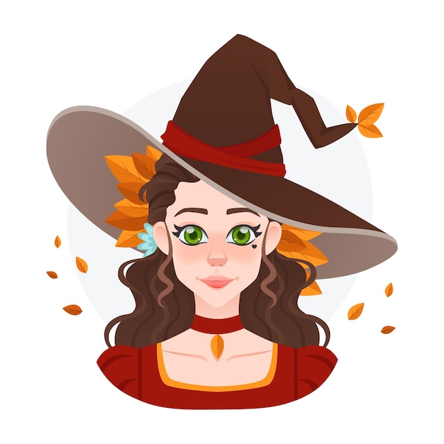 Vector bonito avatar de bruja de otoño para juegos o publicidad chica maga de halloween con sombrero grande y hojas amarillas vestido antiguo