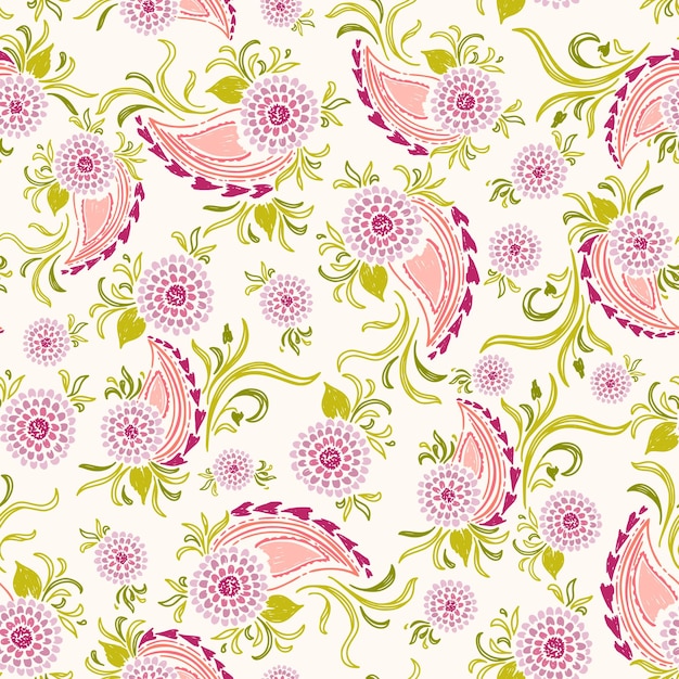 Bonito boceto dibujado a mano estilo Paisley con flores púrpuras y hojas verdes giratorias
