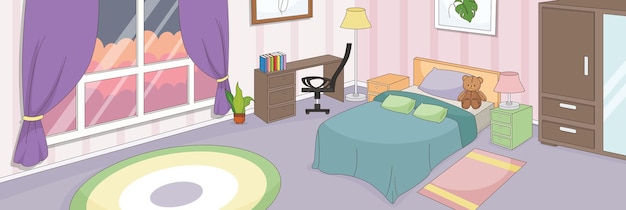 Vector bonito y bonito diseño de dormitorio con muebles y objetos interiores de diseño vectorial.