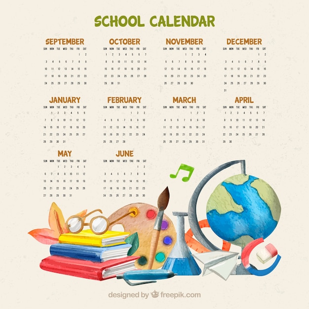 Vector bonito calendario con material escolar de acuarela