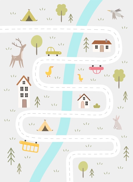 Vector bonito cartel de la ciudad con hoja de ruta. casas, coches, animales, naturaleza. paisaje urbano