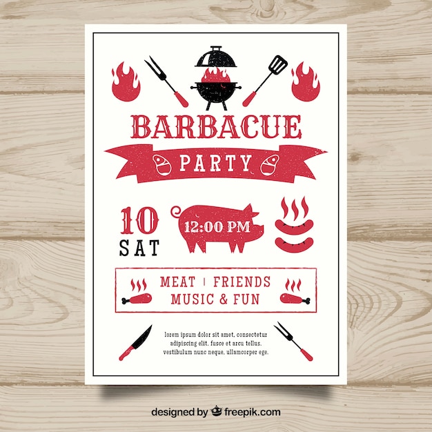 Vector bonito cartel de la fiesta de barbacoa en diseño plano