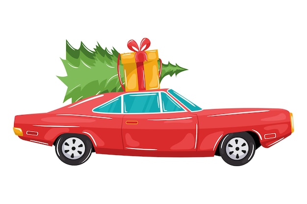 Bonito coche rojo con árbol de navidad y caja de regalo