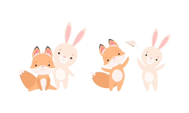 Bonito conejo y zorro jugando juntos como mejores amigos conjunto vectorial