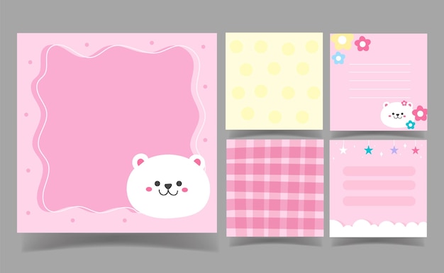 Bonito dibujo animado de rosa y oso con fondo de color pastel plantilla de nota