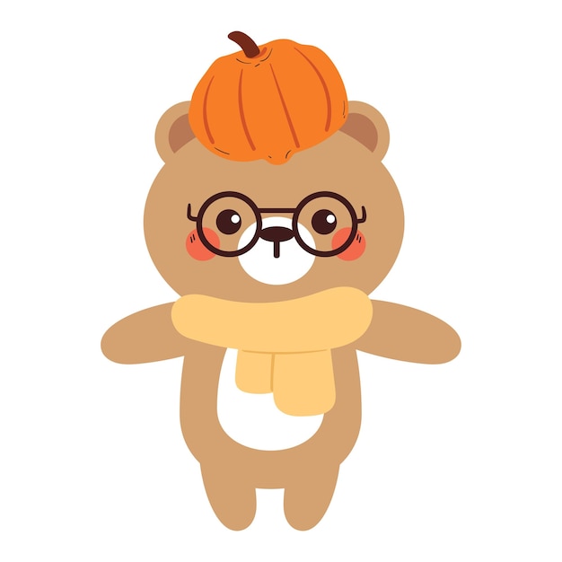 bonito dibujo de dibujos animados oso con calabaza bonito animal dibujo doodle pegatina para las vibraciones de otoño