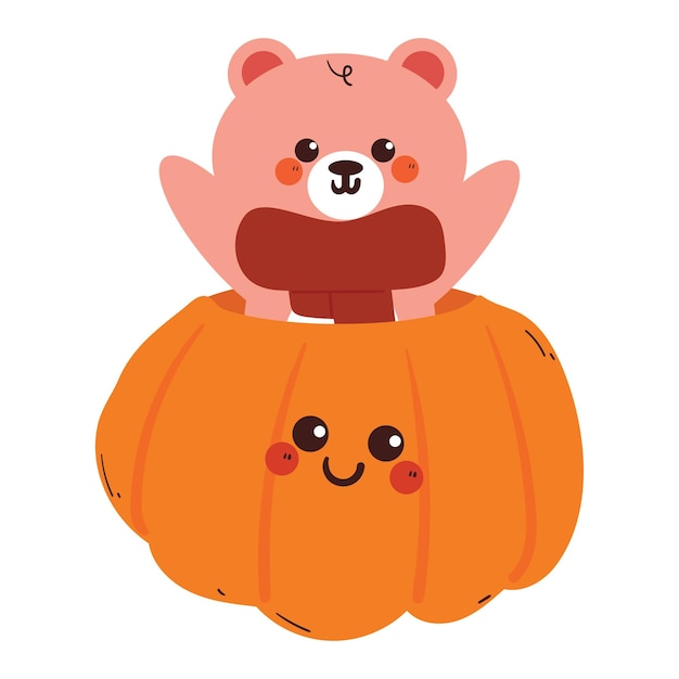 bonito dibujo de dibujos animados oso con calabaza bonito animal dibujo doodle pegatina para las vibraciones de otoño