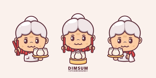 Vector bonito dibujos animados de la abuela con panes al vapor dimsum