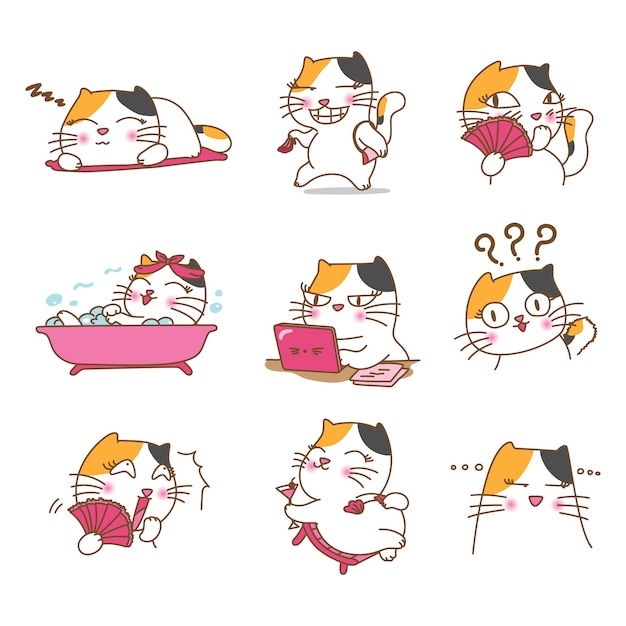 Bonito diseño de personajes de gatos en diferentes emociones y expresiones.