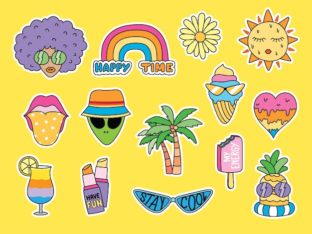 Bonito y divertido juego de vectores de arte de pegatinas de garabatos de verano para decorar tu obra de arte
