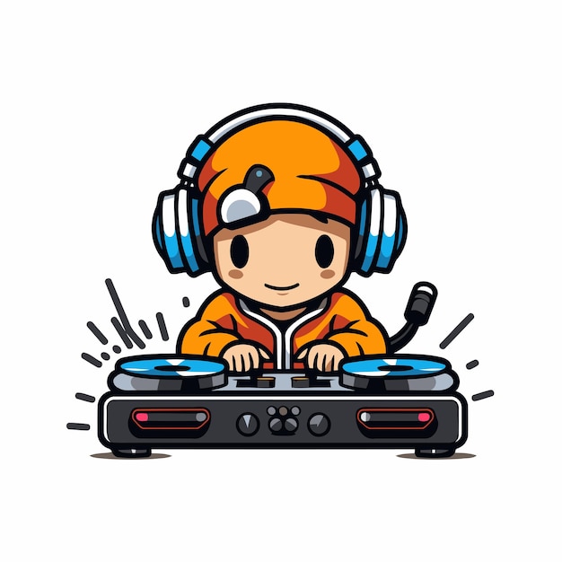 Un bonito DJ tocando en un tocadiscos con auriculares Ilustración vectorial