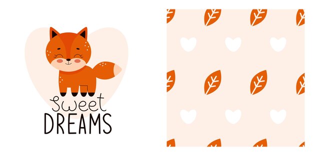 Bonito estampado de bebé para pijamas o ropa de cama. Animales del bosque para estampar en tela. Rotulación para niños, dulces sueños. Adorable zorro. ilustración vectorial