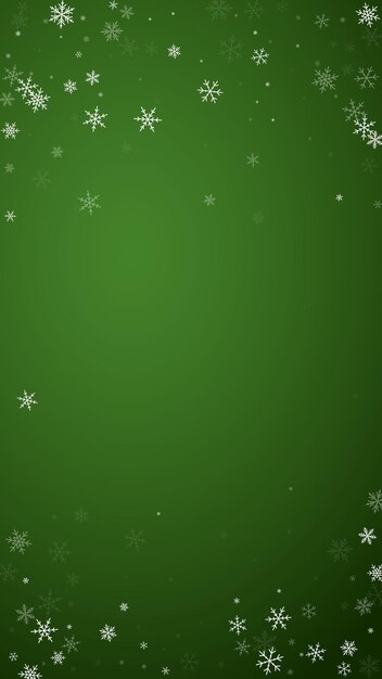 Vector bonito fondo de nieve navideña subtiles copos de nieve y estrellas voladoras en el fondo verde navideño bonita plantilla de superposición de nieve ilustración vectorial vertical