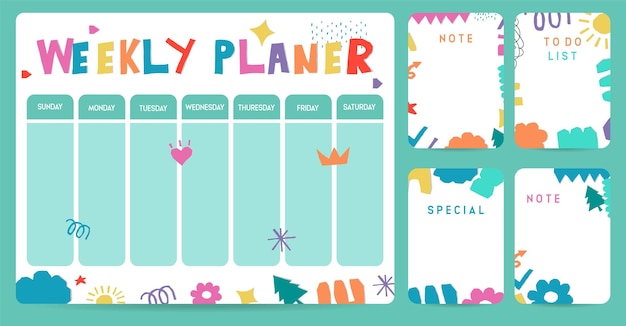 bonito fondo de planificador semanal con curva de forma Ilustración vectorial para niños y bebés Elemento editable