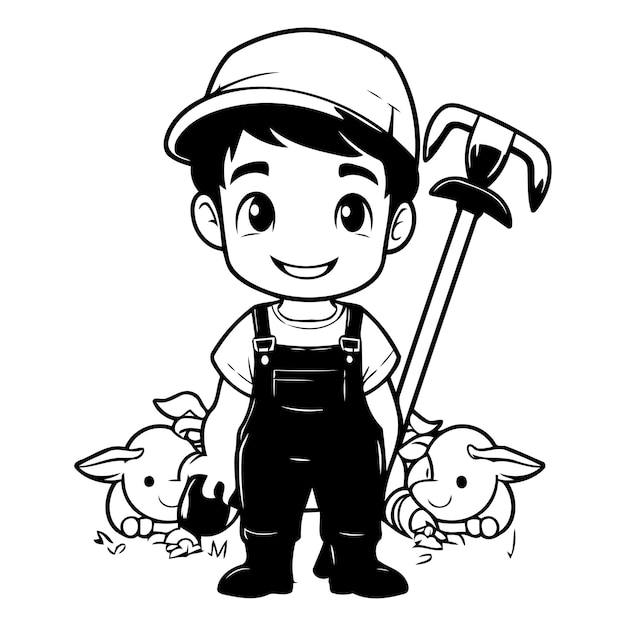 Vector un bonito granjero de dibujos animados con ovejas ilustración vectorial de un trabajador agrícola