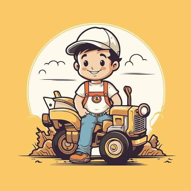 Un bonito granjero de dibujos animados con un tractor Ilustración vectorial de un granjero